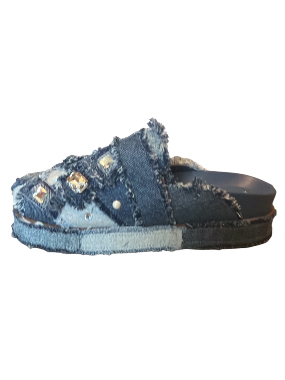 Gianni Bini Embellished Denim Patchwork Platform Mules Rhinestone Pearl 8.5 - Picture 5 of 8